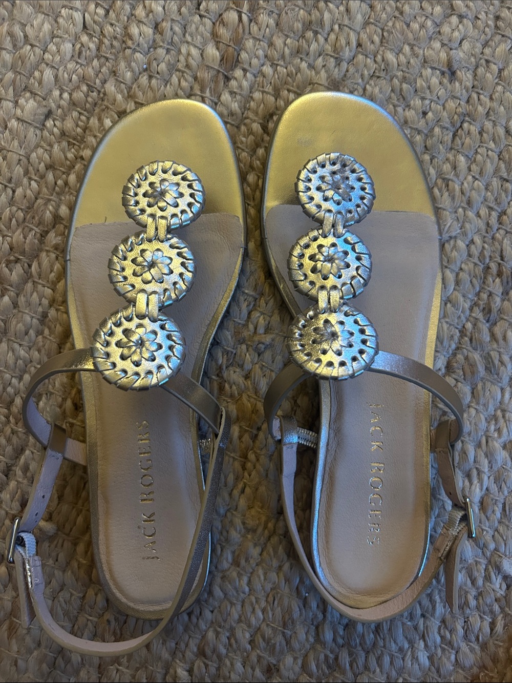 Jack Rogers Metallic Gold Embellished T-Strap Sandals, brand new